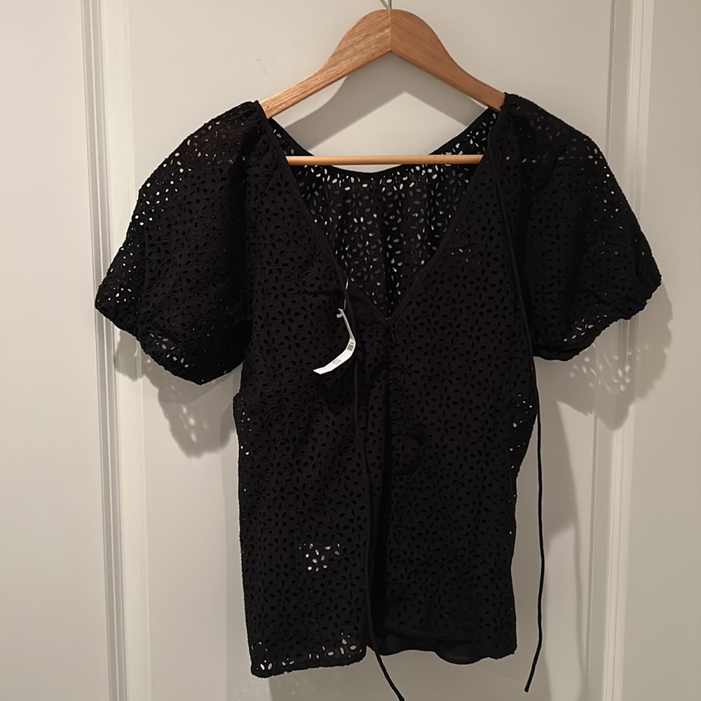 NWT J. Crew Women’s Black Eyelet VBack Puff Sleeve Top BG316 Size 6 - Picture 7 of 9